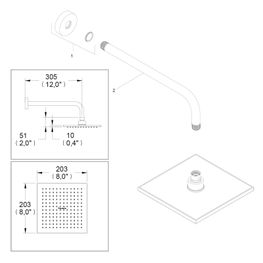 PROYECTA CROMO GRIF DUCHA KIT BRAZO Y CABEZA CUADRADA A PARED 203 MM REC-02